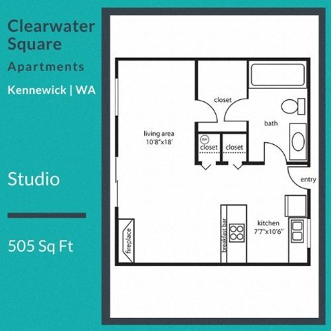 Floor plan for studio, 1 bath, 505 sqft